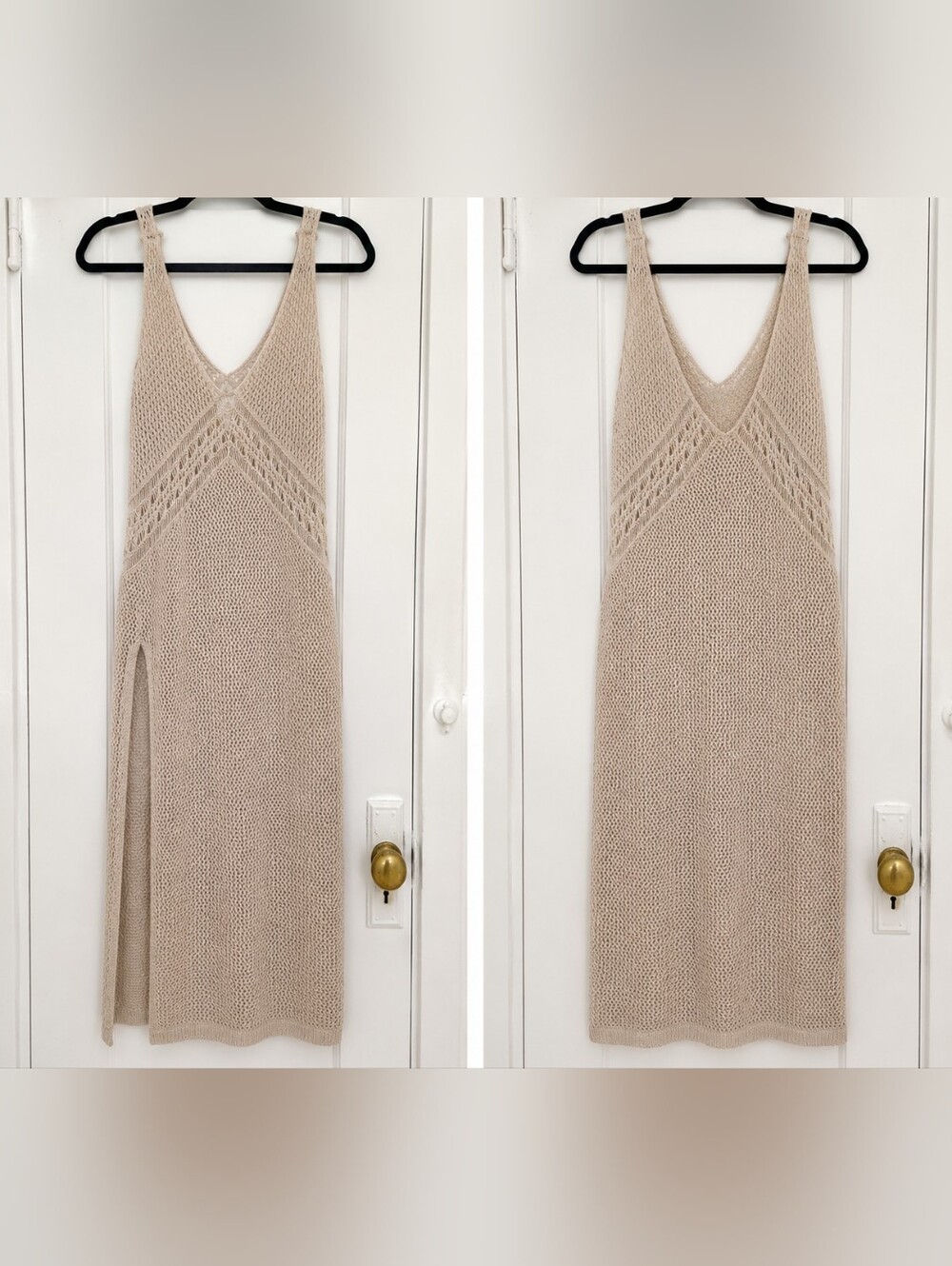 Knit Sleeveless V-Neck Maxi Dress in Beige, Cover Up, Size M